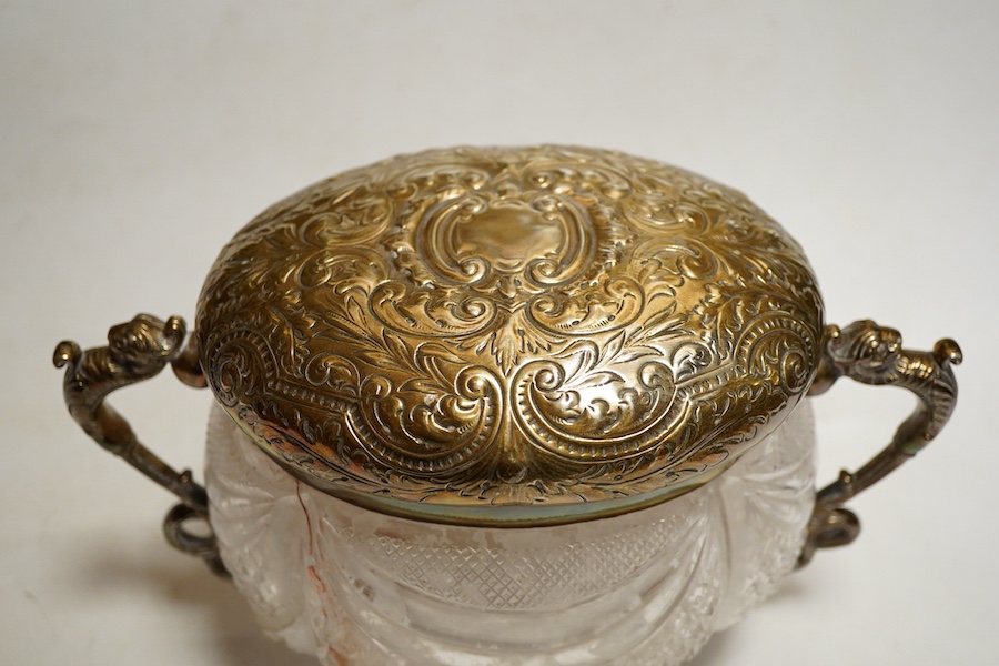 A late Victorian silver mounted cut glass biscuit barrel Birmingham 1898, Plante & Co, the cut glass body cracked with repaired section, height 15cm